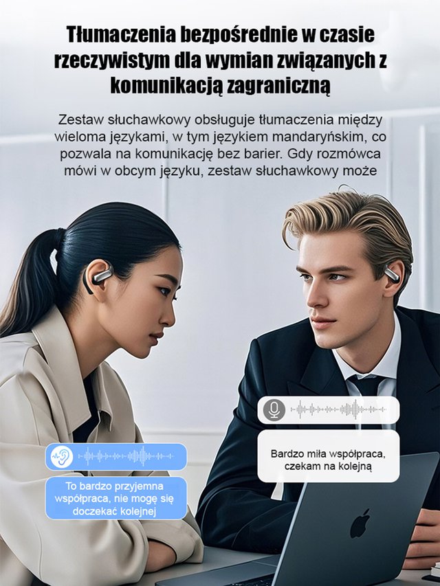 Bezprzewodowe słuchawki Bluetooth z inteligentnym tłumaczeniem AI przez przewodnictwo powietrzne.