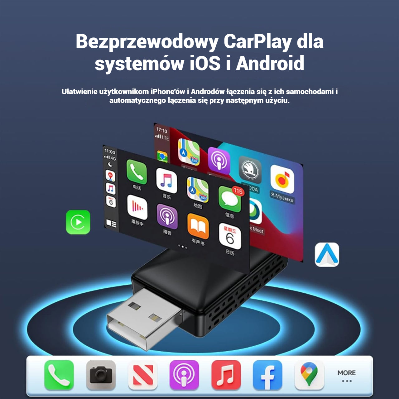 CarPlay, pamięć USB do bezprzewodowego połączenia samochodowego za pomocą Apple CarPlay i Android Auto